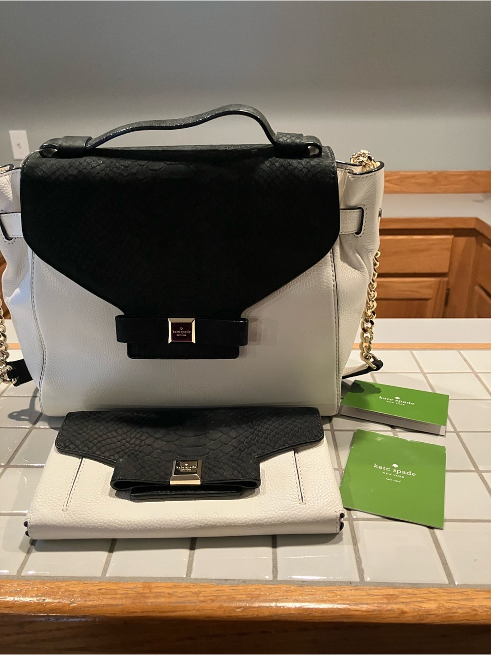 kate spade Black and White Leather Top-Handle Satchel with Matching Wallet